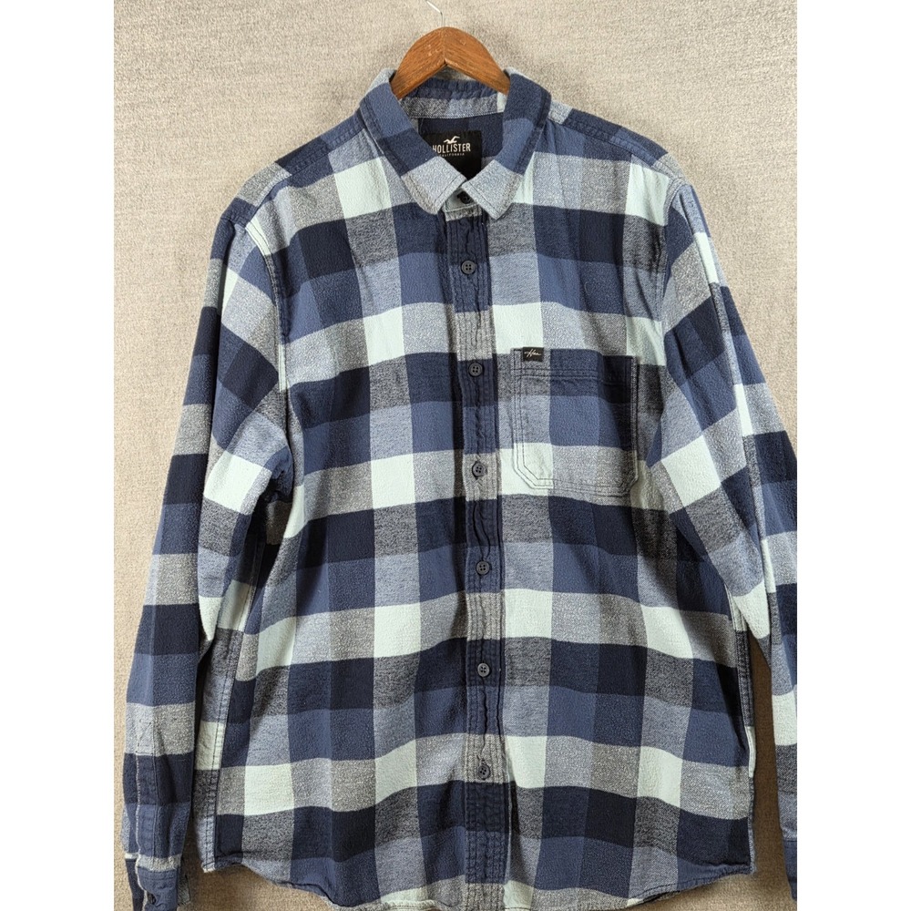 Hollister Men's XL Flannel Shirt Blue Buffalo Plaid Long Sleeve Retro Y2K Grunge